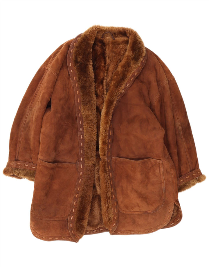 Vintage damska otwarta kurtka shearling UK 18 XL brązowa