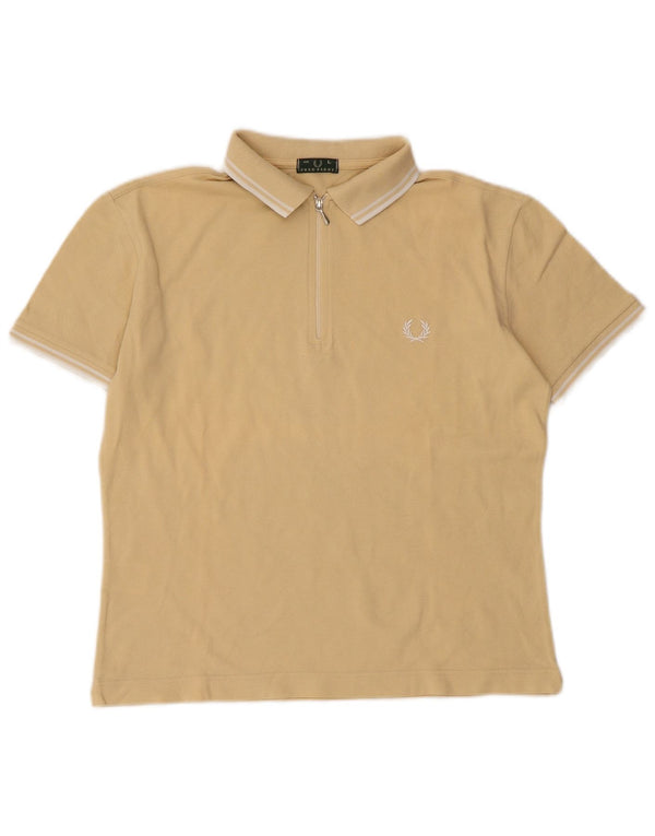 Damska koszulka polo Fred Perry UK 14, duża, beżowa, bawełniana w paski