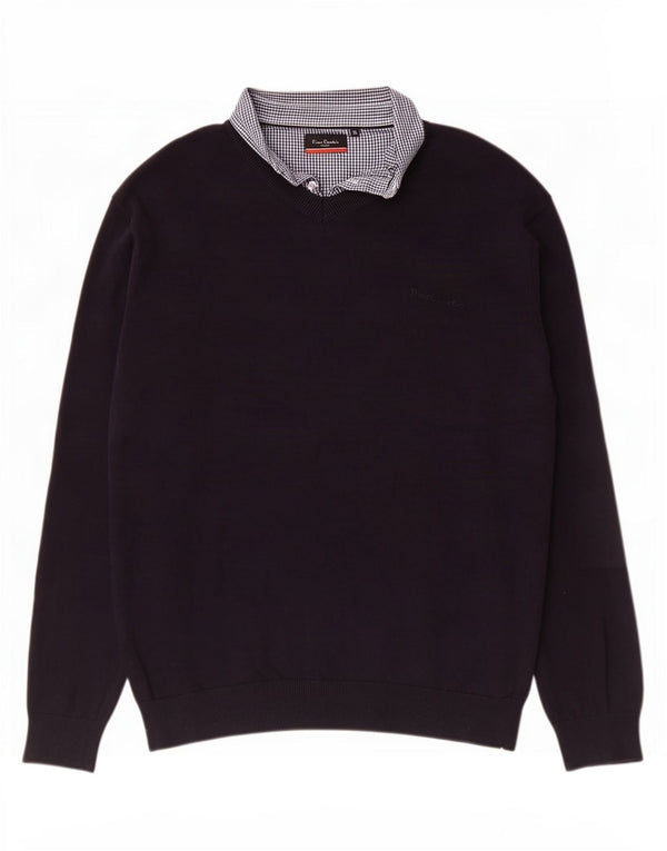 Pierre Cardin Mens V-Neck Jumper Sweater XL Navy Blue Check Cotton