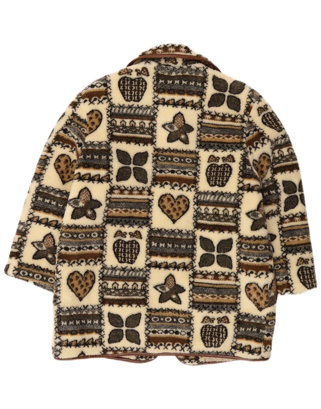 Vintage damski polarowy płaszcz z grafiką UK 14, duży beżowy patchwork