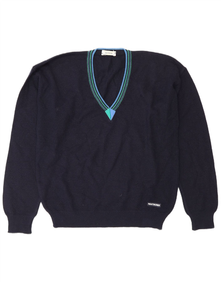 Męski sweter w stylu vintage z dekoltem w szpic IT 50 Średni granatowy wełniany