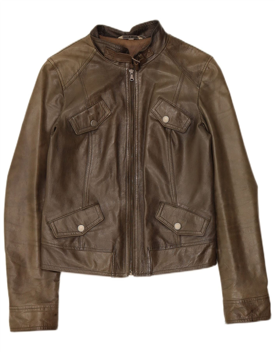 Damska kurtka skórzana w stylu vintage IT 42, średnia skóra khaki