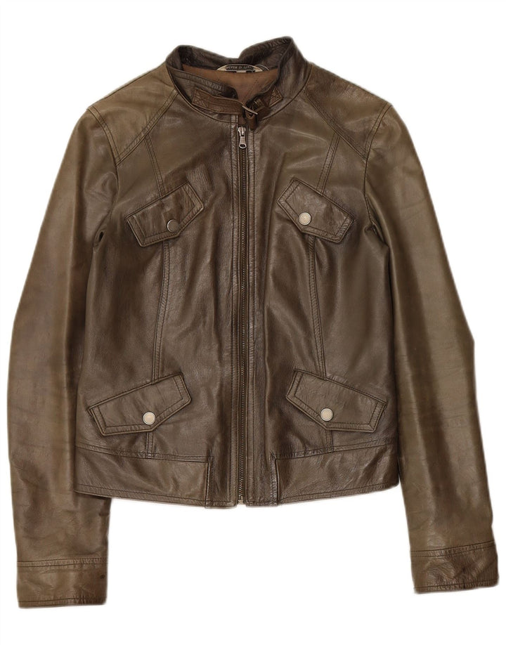 Damska kurtka skórzana w stylu vintage IT 42, średnia skóra khaki