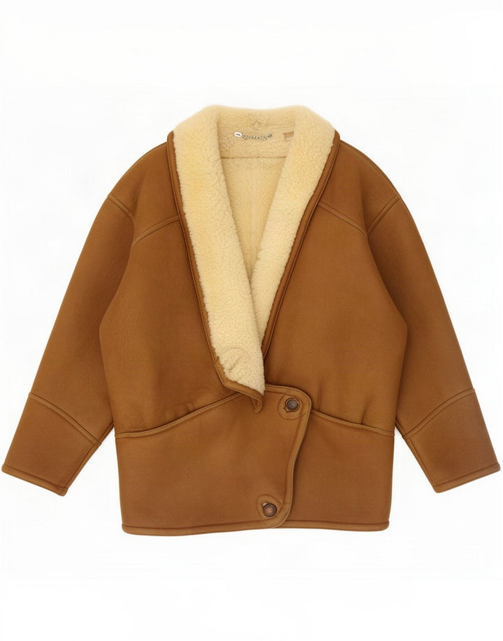 Vintage damska kurtka oversize shearling UK 14 średni brąz Colorblock