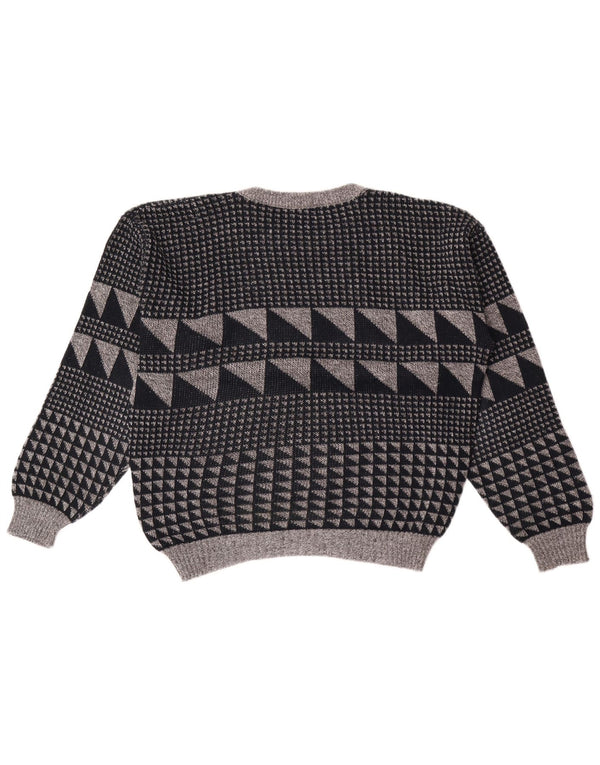 Vintage męski sweter z wycięciem pod szyją, duży, szary, geometryczny