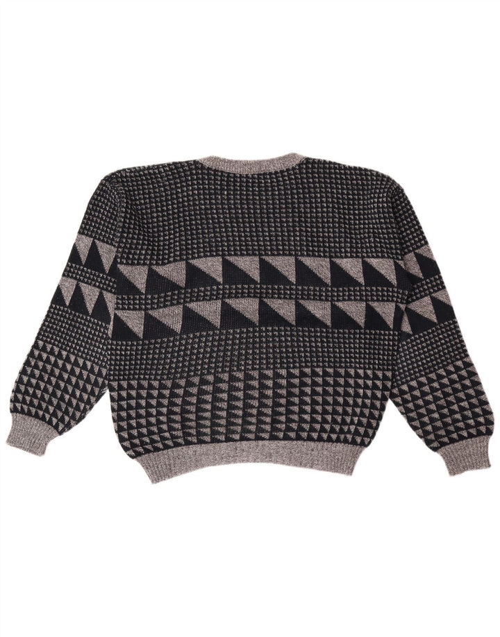 Vintage męski sweter z wycięciem pod szyją, duży, szary, geometryczny