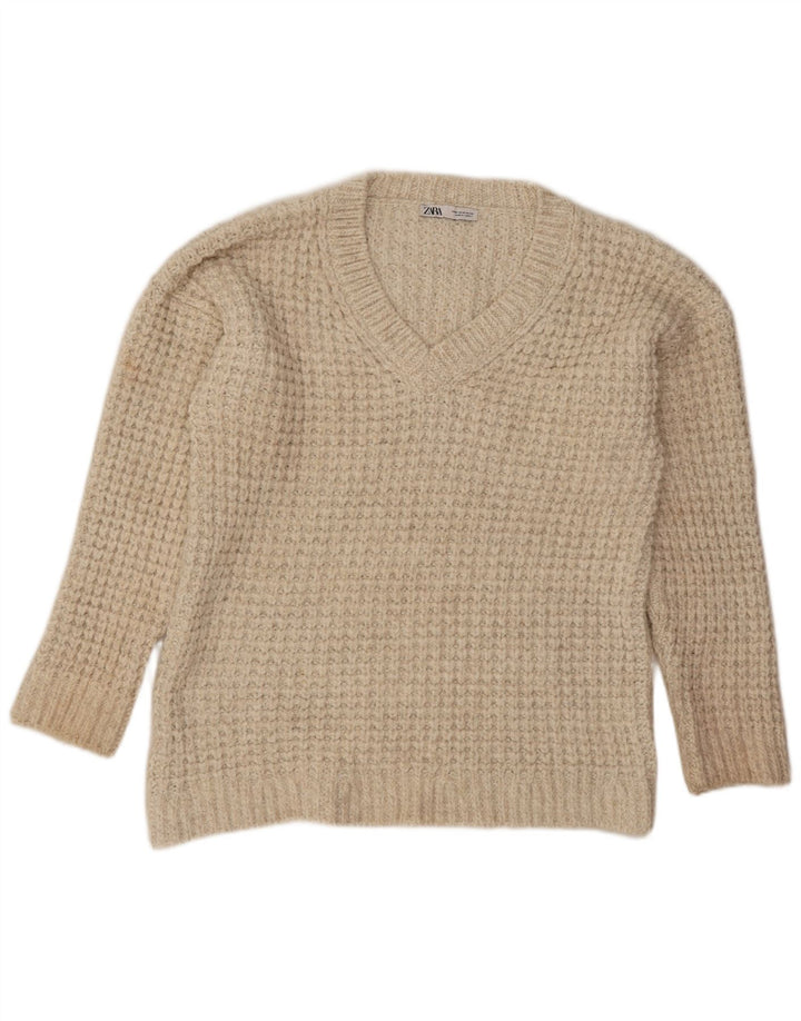 Sweter damski Zara Oversize z dekoltem w kształcie litery V, UK 14, średni beż, akryl