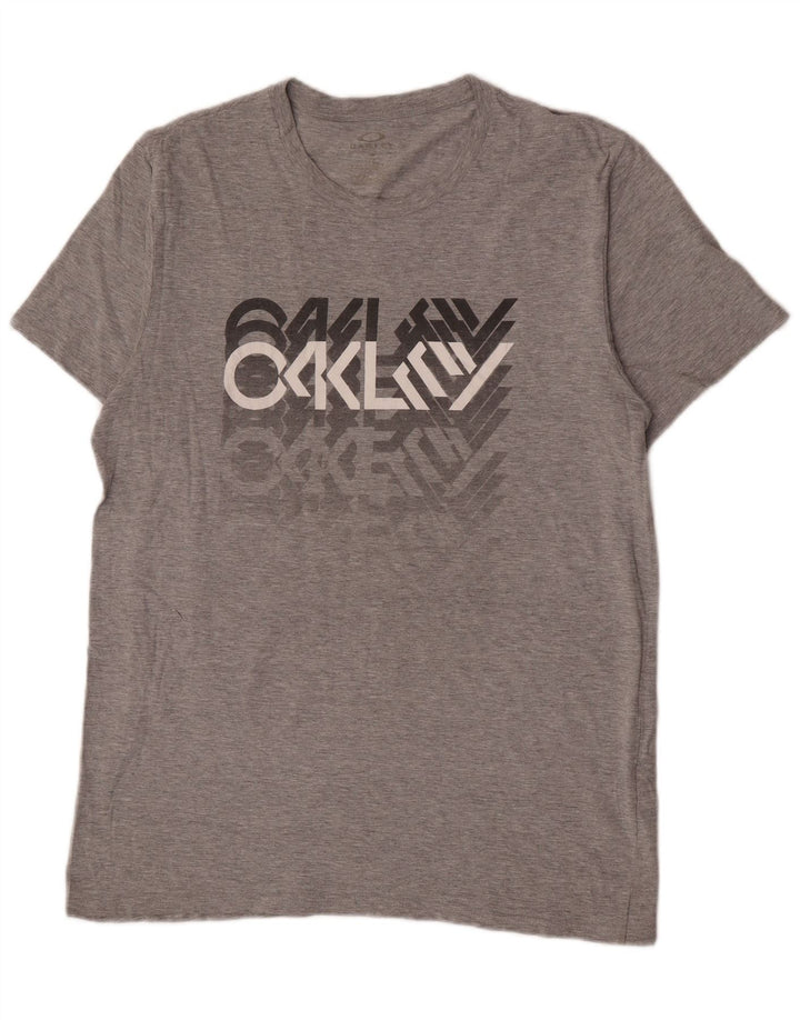 Męski T-shirt z grafiką Oakley, duży, szary, bawełniany w plamki