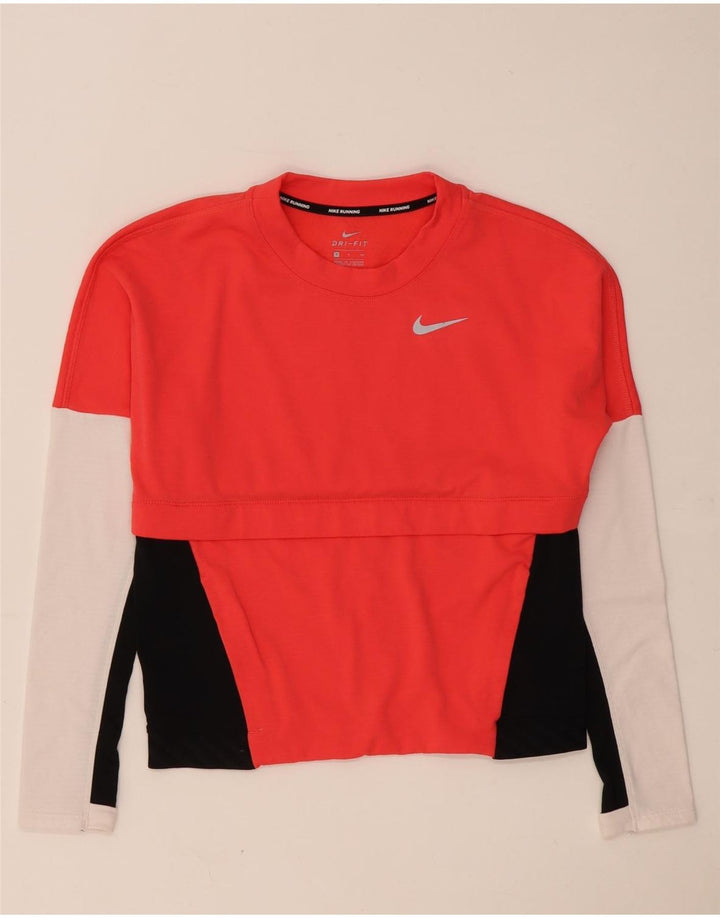 Damska koszulka oversize Nike Dri Fit z długim rękawem, UK 10, mała, czerwona, z blokami kolorów
