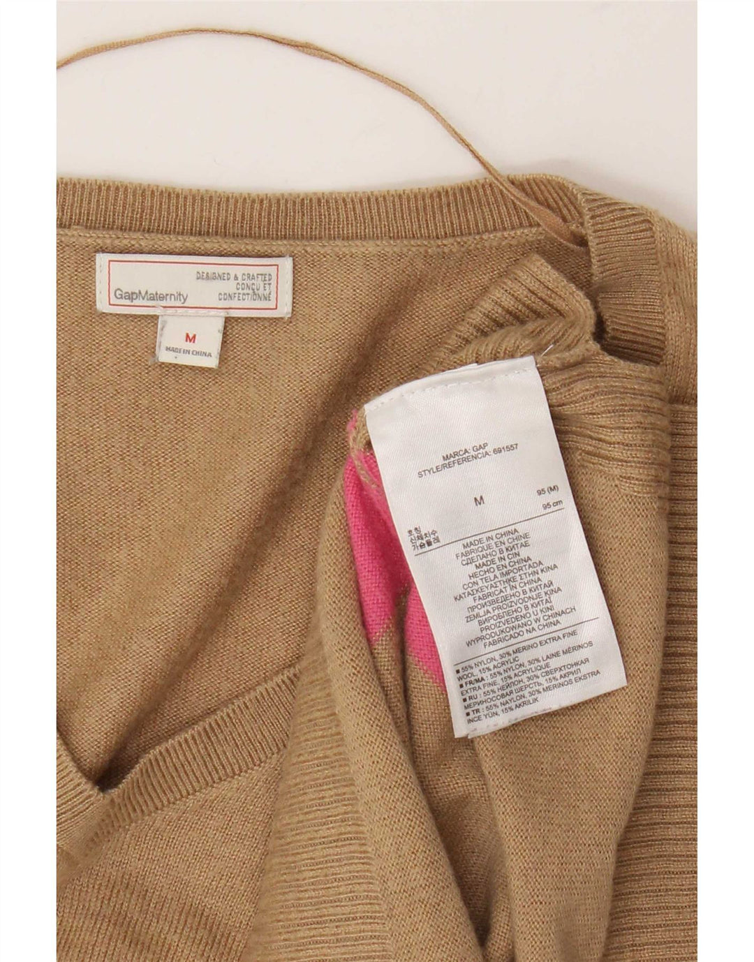 Damski sweter Gap z dekoltem w kształcie litery V, UK 12, nylon w średnie brązowe paski