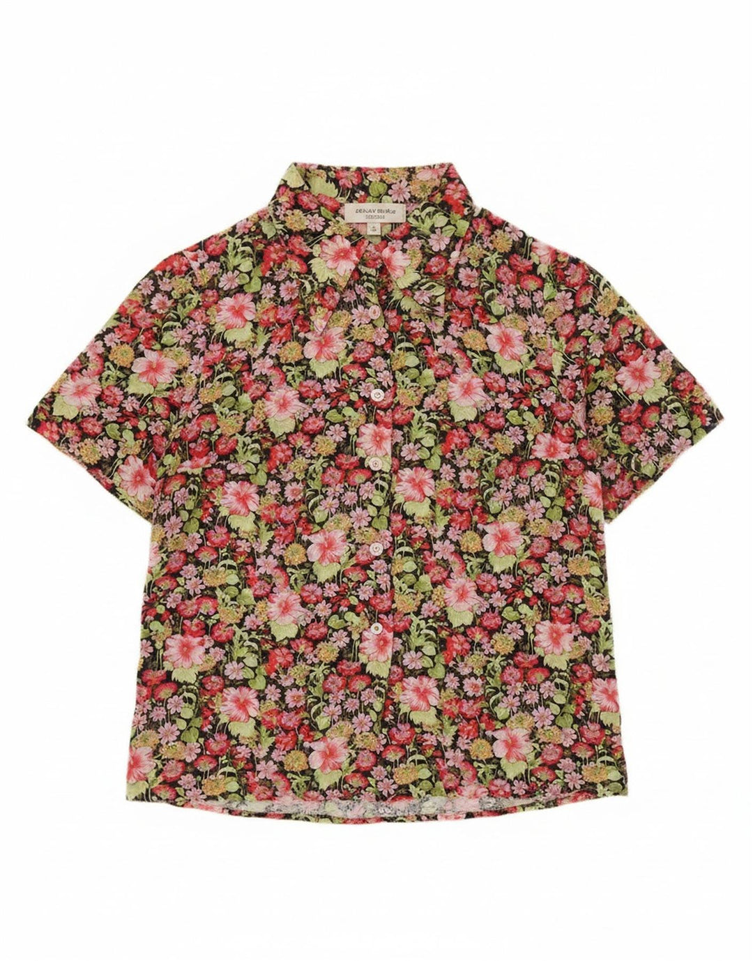 Koszula damska z krótkim rękawem w stylu vintage UK 12, średnia, wielokolorowa w kwiaty