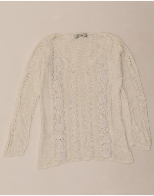 Sweter damski Zara z dekoltem w kształcie litery V, UK 12, średni, złamanej bieli, bawełniany w kwiaty