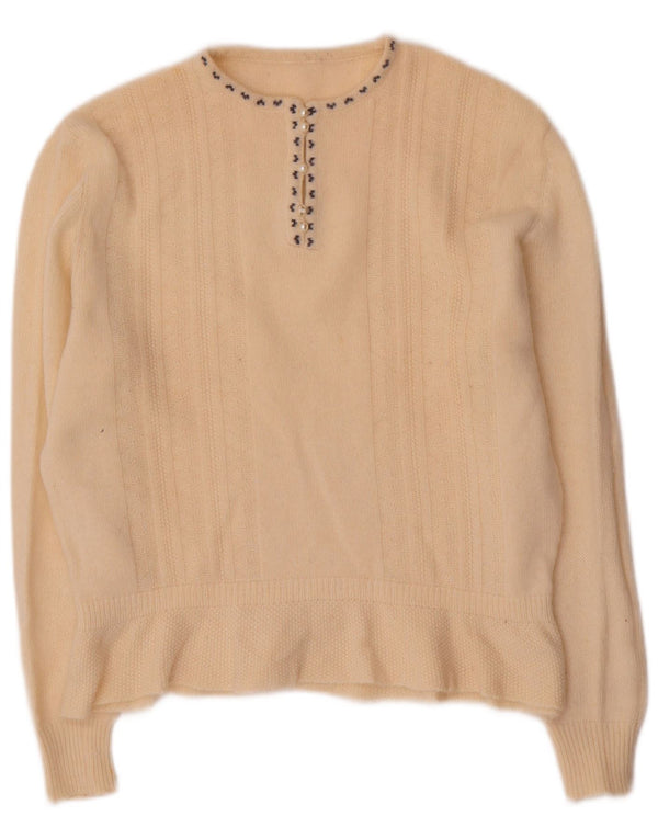 Sweter damski w stylu vintage z okrągłym dekoltem UK 16, duży, beżowy, wełniany