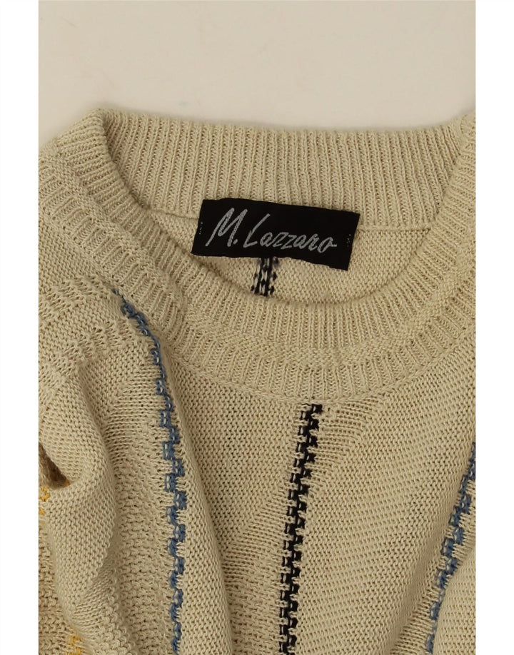 Vintage męski sweter z wycięciem pod szyją, duże beżowe paski