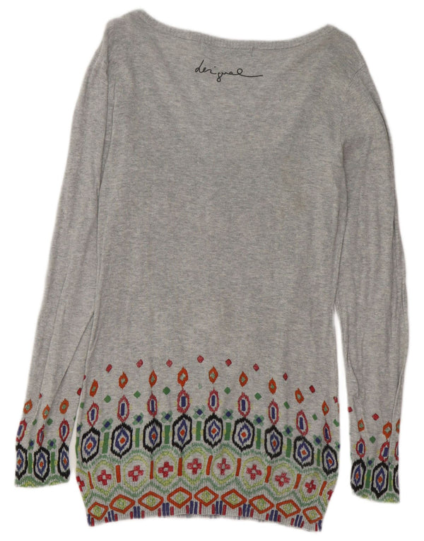 Damski sweter Desigual z graficznym dekoltem w łódkę UK 14, duży, szary w kwiaty