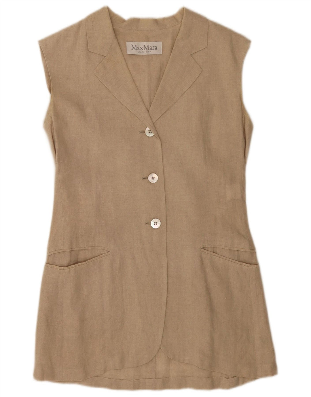 Max Mara Damska marynarka bez rękawów zapinana na 3 guziki UK 10 Small Beige Linen