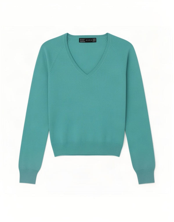 Damski sweter Zara z dekoltem w kształcie litery V, UK 10, mały, niebieski, bawełniany