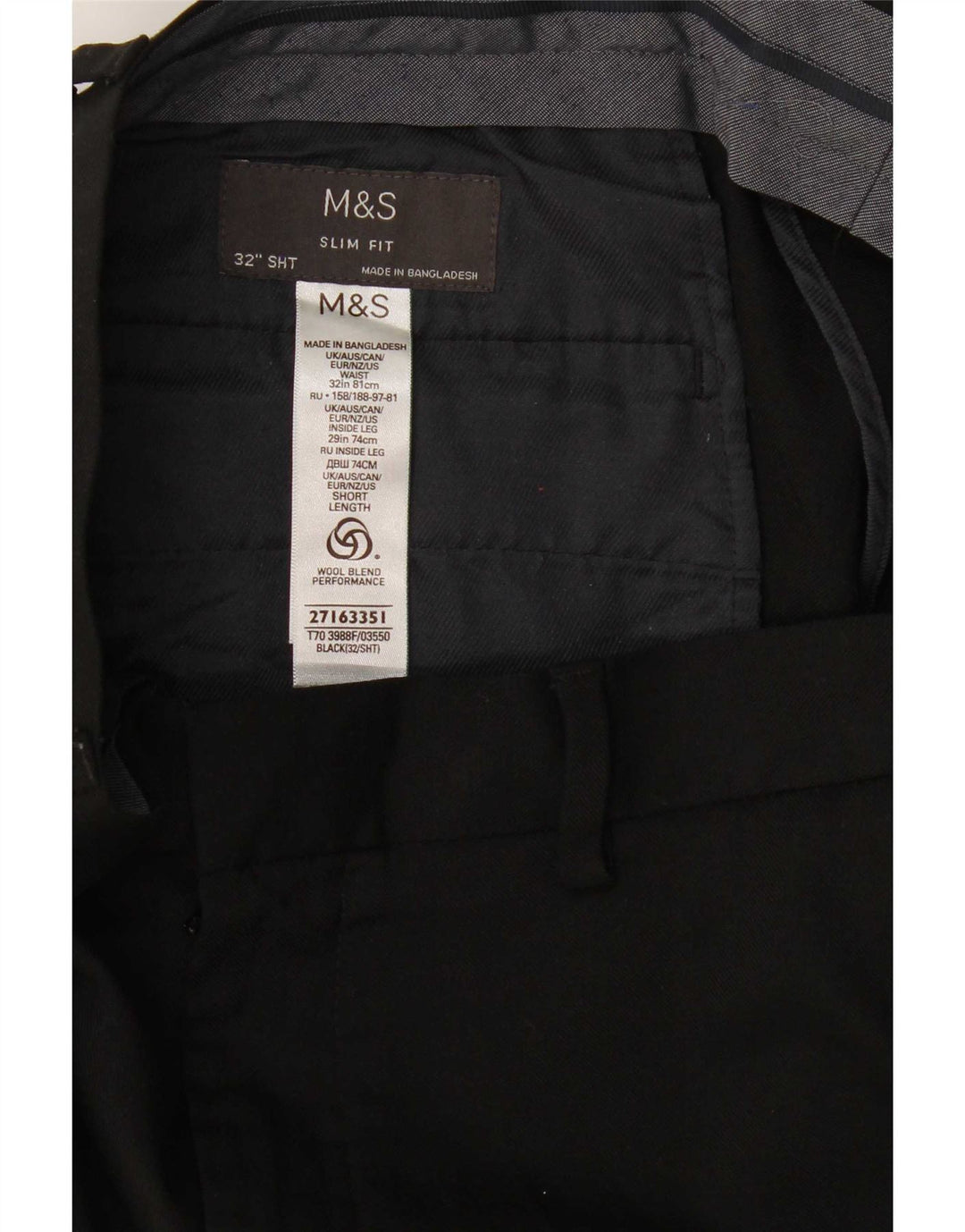 Marks & Spencer Męskie spodnie garniturowe slim fit W32 L29 Czarna wełna