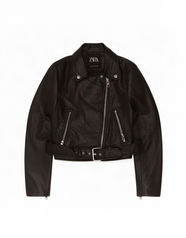Zara Womens Crop Faux Leather Biker Jacket UK 10 Small Black Polyester