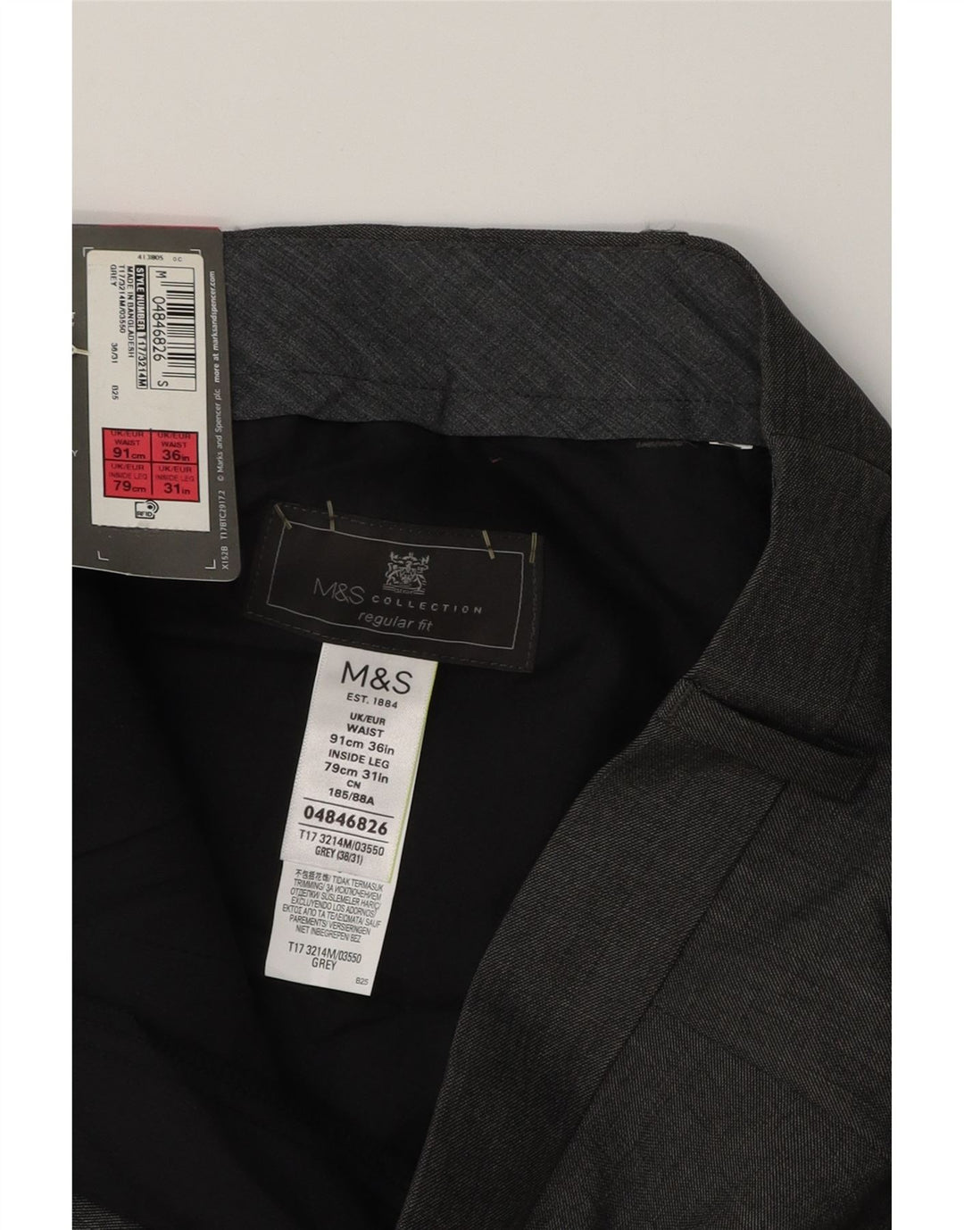 Męskie spodnie garniturowe MARKS & SPENCER o regularnym kroju W36 L31 Szary poliester