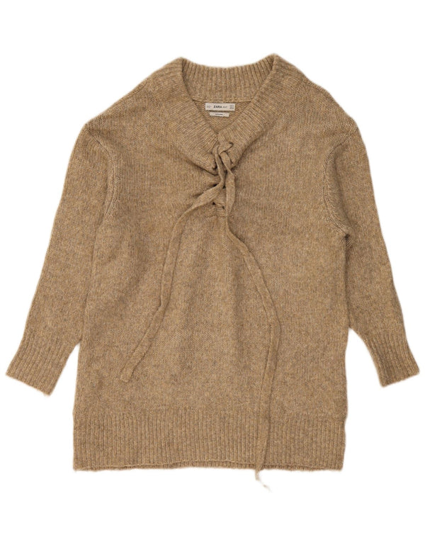 Zara Womens Longline V-Neck Jumper Sweater UK 10 Small Khaki Flecked