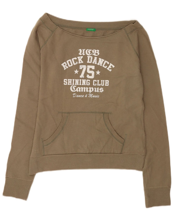 Damska bluza Benetton Crop Graphic Jumper UK 16, duża bawełna khaki
