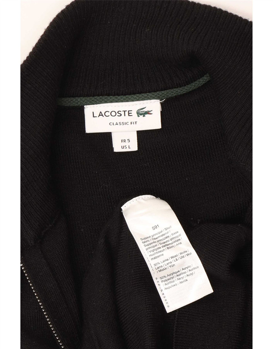 Lacoste Męski sweter rozpinany o klasycznym kroju, rozmiar 5, duży, czarny, wełniany