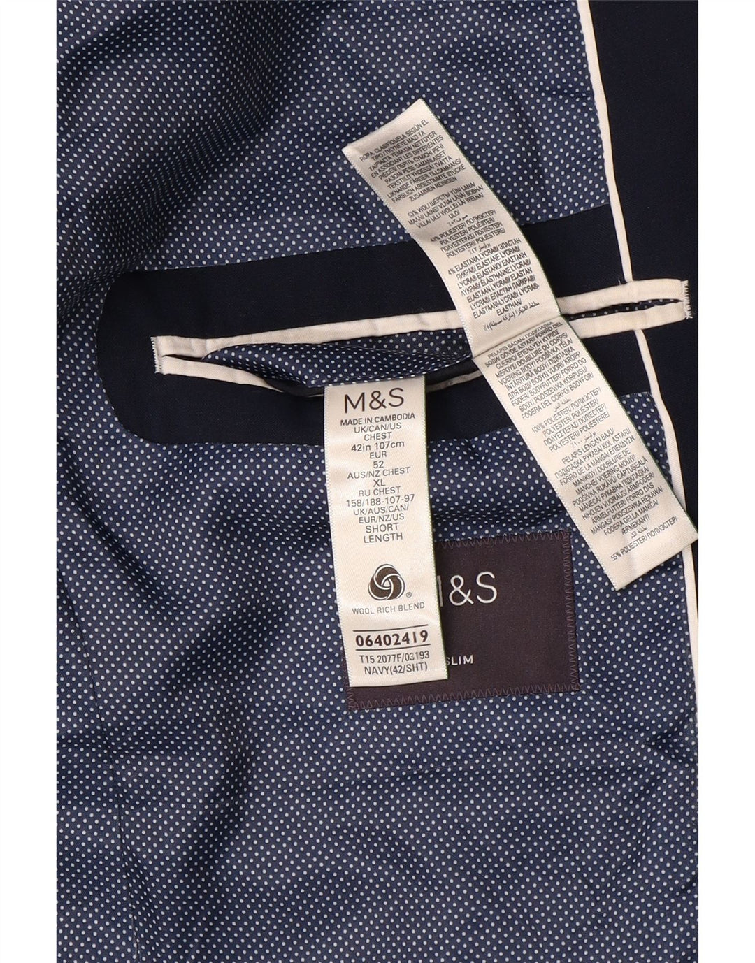 Marks & Spencer Męska krótka marynarka zapinana na 2 guziki UK 42 XL Granatowa wełna