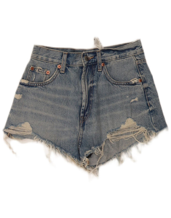 ZARA Womens High Waist Distressed Denim Shorts EU 34 2XS W24  Blue Cotton