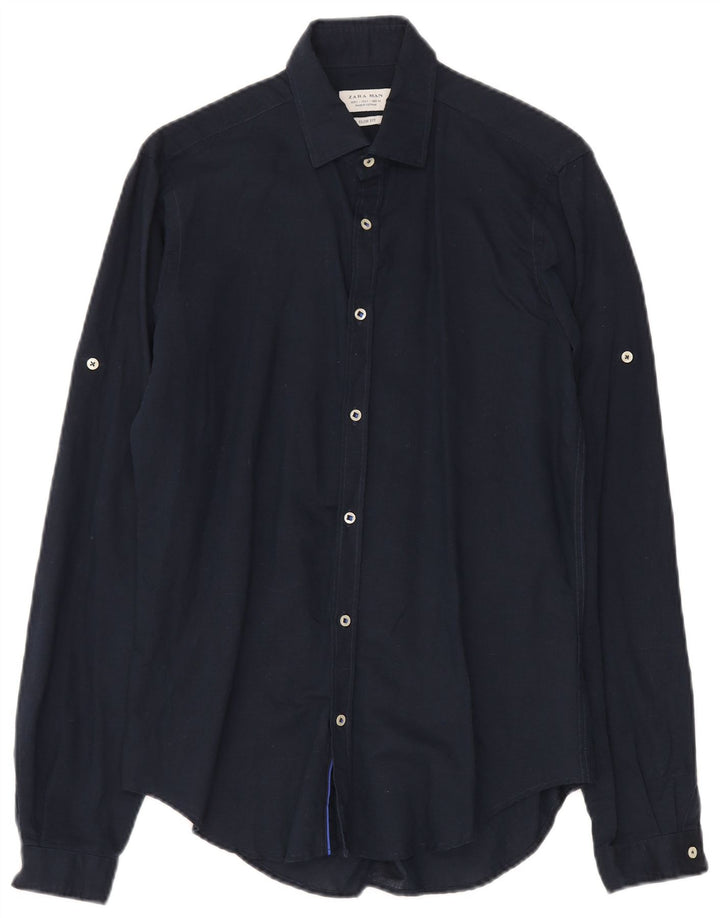 Koszula męska Zara Slim Fit, mała, granatowa, lniana