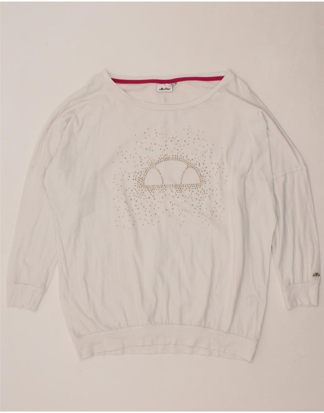 ELLESSE Womens Graphic Sweatshirt Jumper UK 14 Medium White Cotton Vintage Ellesse and Second-Hand Ellesse from Messina Hembry 