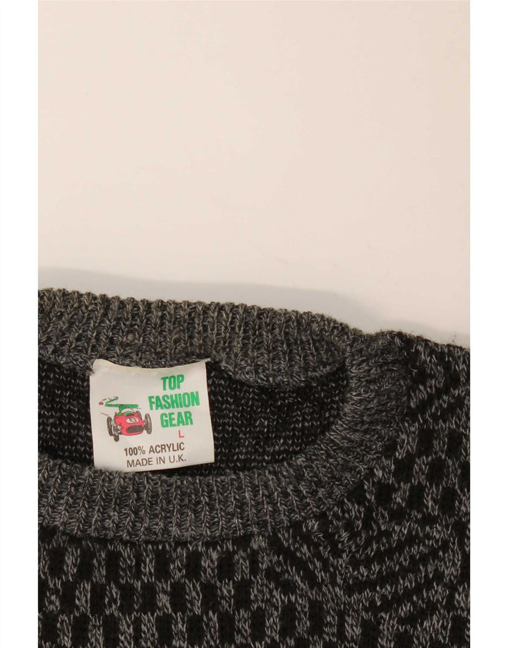 Vintage męski sweter z wycięciem pod szyją, duży, szary Argyle/diamentowy akryl