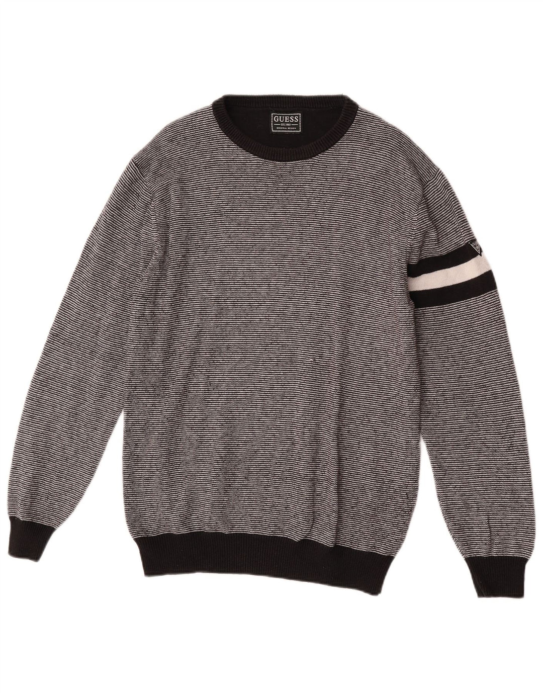 Męski sweter Guess z okrągłym dekoltem, średniej wielkości, czarny, bawełniany w paski