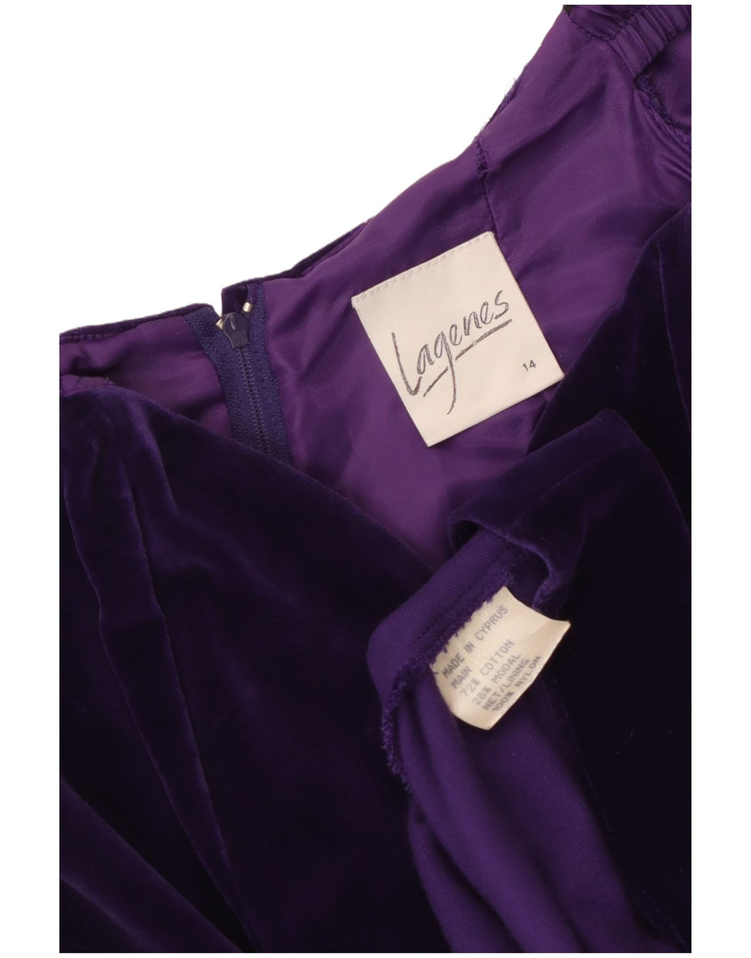 VINTAGE damska aksamitna sukienka z odkrytymi ramionami UK 14, średnia fioletowa bawełna