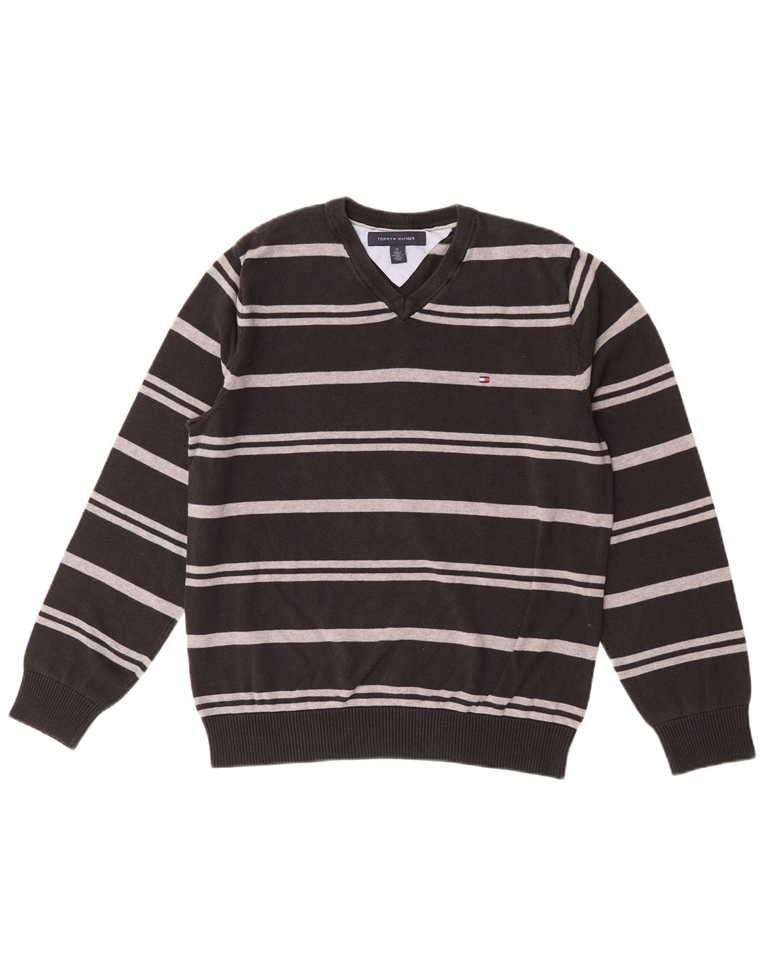 Męski sweter Tommy Hilfiger z dekoltem w kształcie litery V, bawełniany w średnie czarne paski