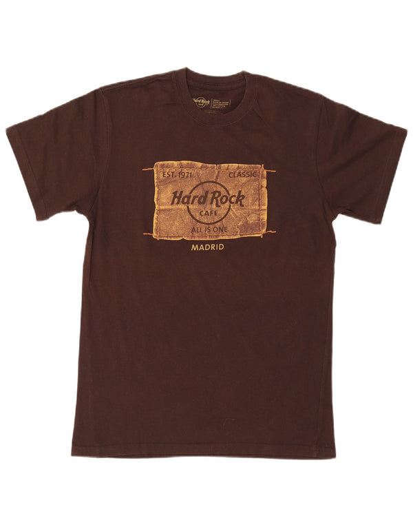 Męski T-shirt z grafiką Hard Rock Cafe Madryt, mały, brązowy, bawełniany