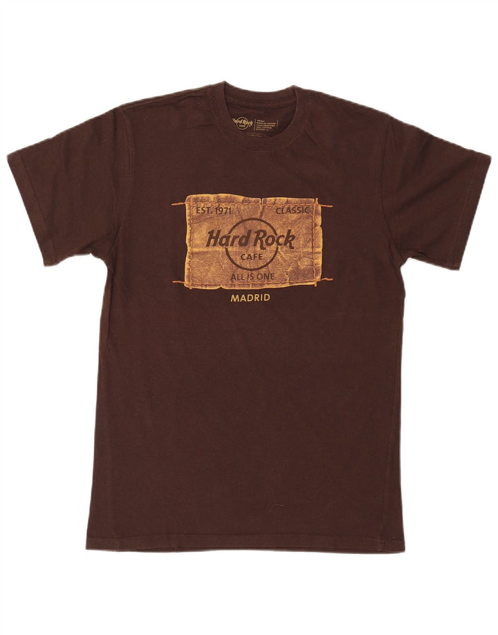 Męski T-shirt z grafiką Hard Rock Cafe Madryt, mały, brązowy, bawełniany