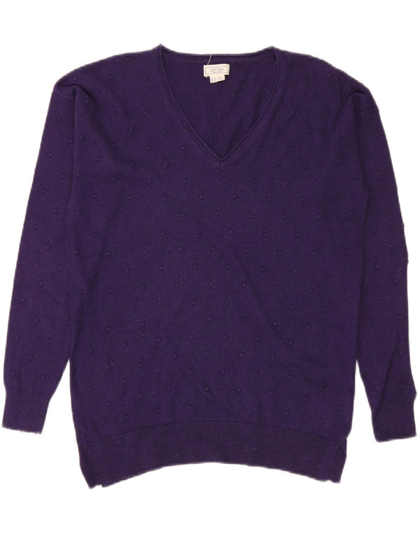 Damski sweter gruby z dekoltem w szpic, UK 8, mały, fioletowy, bawełniany