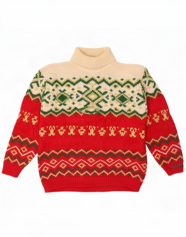 Męski sweter Foxhound z wywijanym dekoltem, duży, czerwony, wełniany Fair Isle