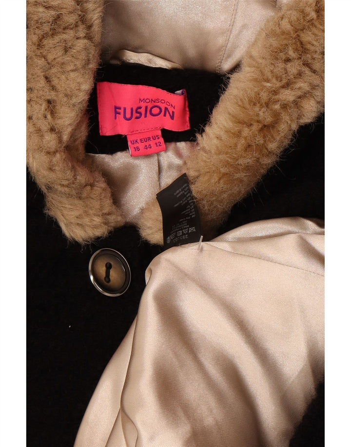 Damski płaszcz z kapturem Monsoon UK 16, duży, czarny, wełniany