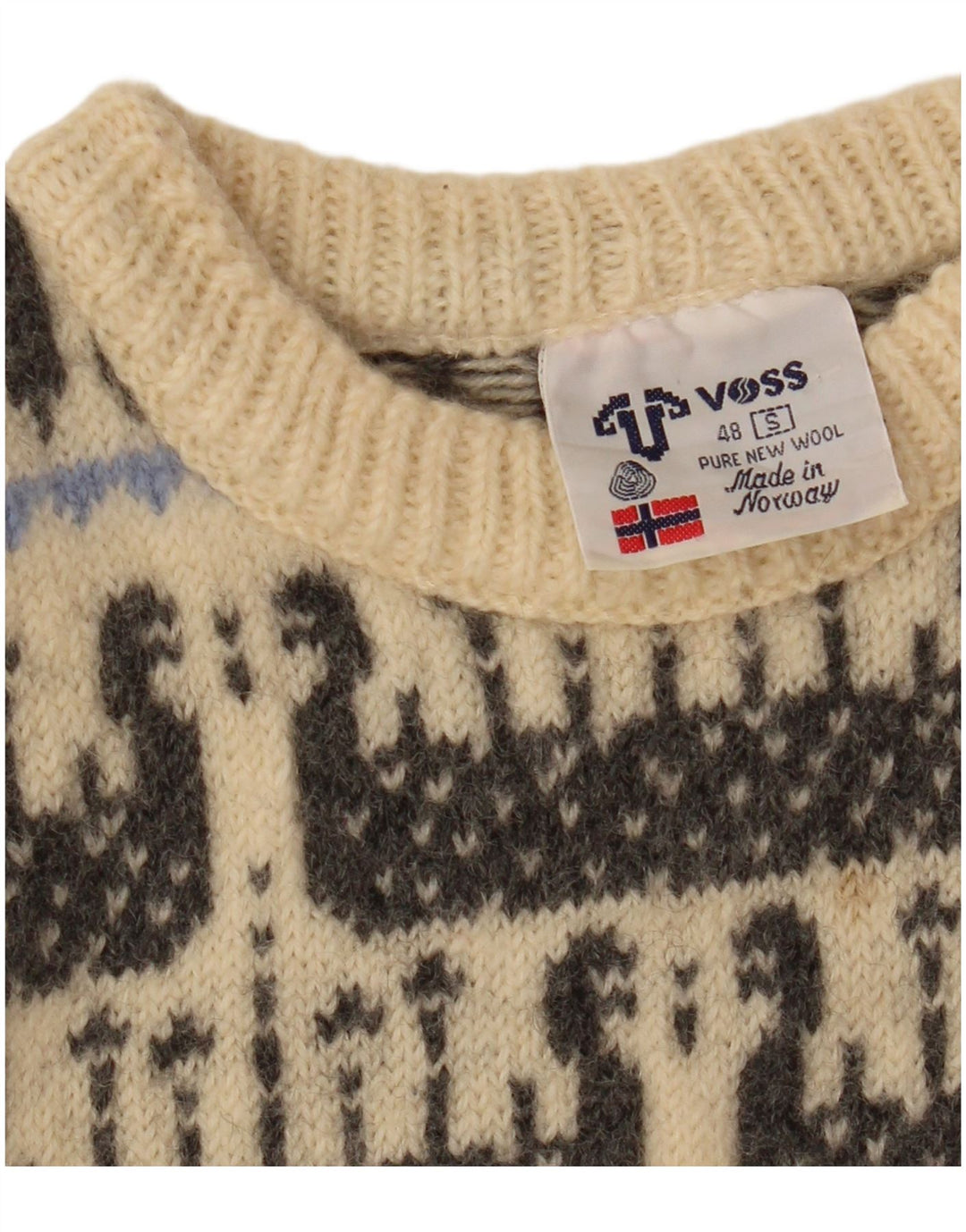 Damski sweter VOSS z dekoltem w łódkę, UK 10, mały, w kolorze złamanej bieli, wełna Fair Isle