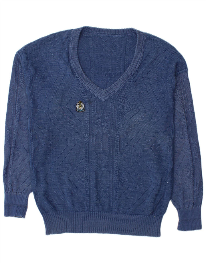 Męski sweter w stylu vintage z dekoltem w szpic IT 48 Średni niebieski, bawełniany