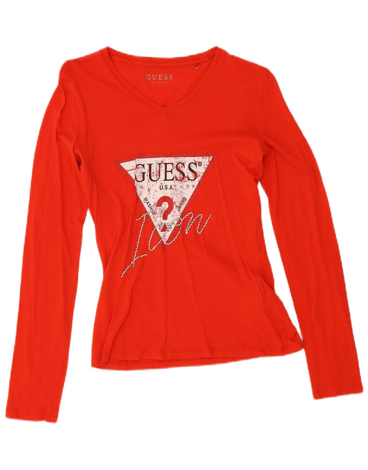 Guess Damski top graficzny z długim rękawem, UK 10, mały, czerwony, bawełniany