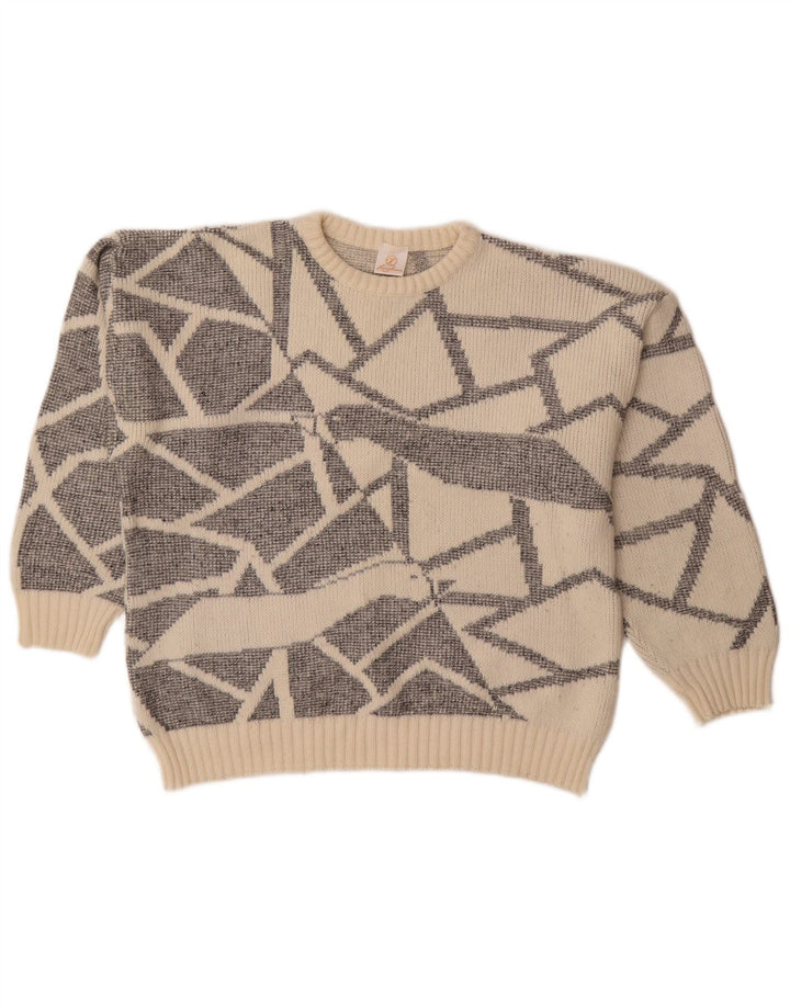 Vintage damski sweter z dekoltem w łódkę EU 38, średni, złamany biały geometryczny