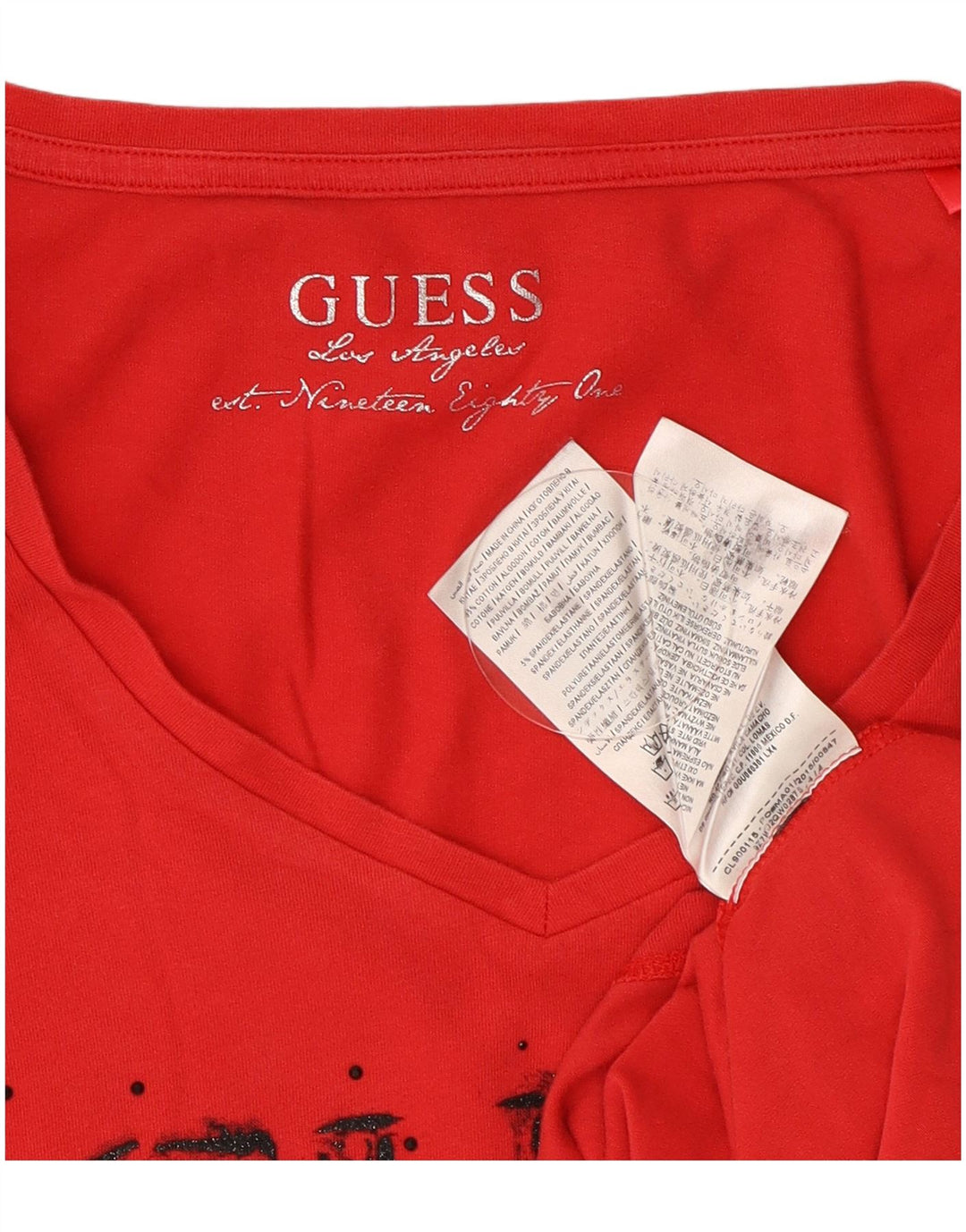 Guess Damski top graficzny z długim rękawem, UK 8, mały, czerwony, bawełniany