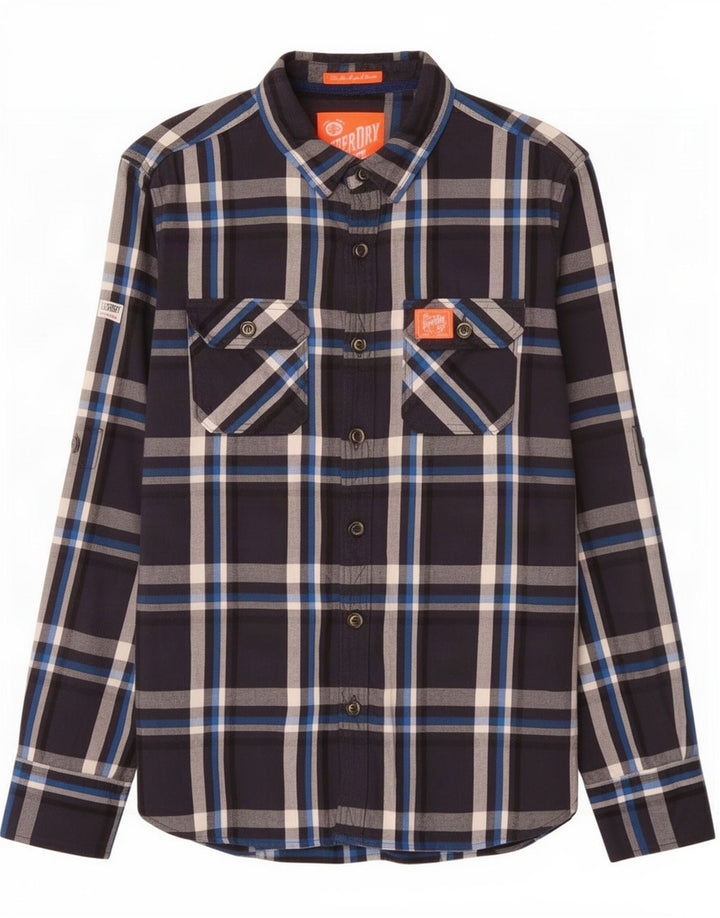 Męska koszula flanelowa Superdry, bawełniana, w średnią granatową kratę