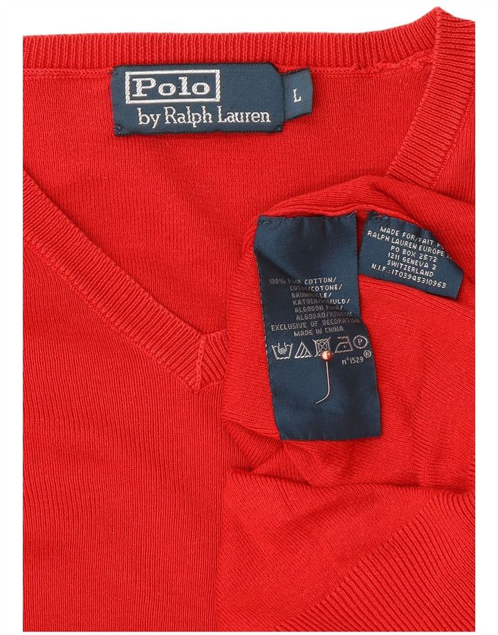 POLO RALPH LAUREN Męski sweter z dekoltem w kształcie litery V, duży, czerwony, bawełniany