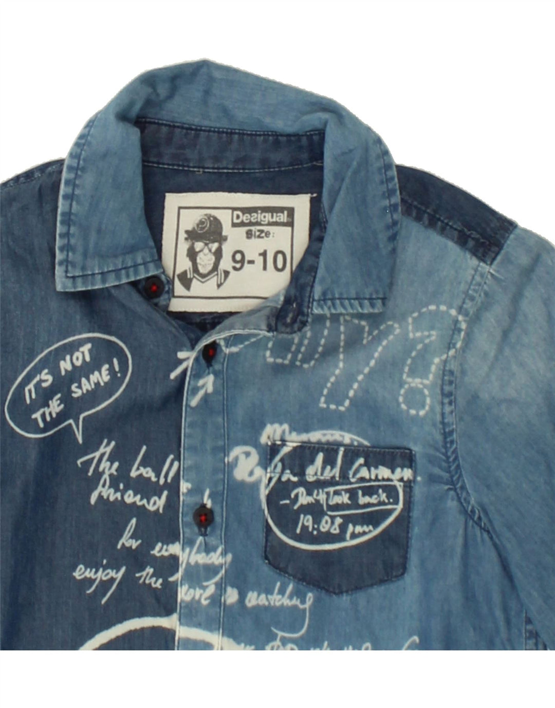 DESIGUAL Boys Graphic Denim Shirt 9-10 Years Blue Colourblock Vintage Desigual and Second-Hand Desigual from Messina Hembry 