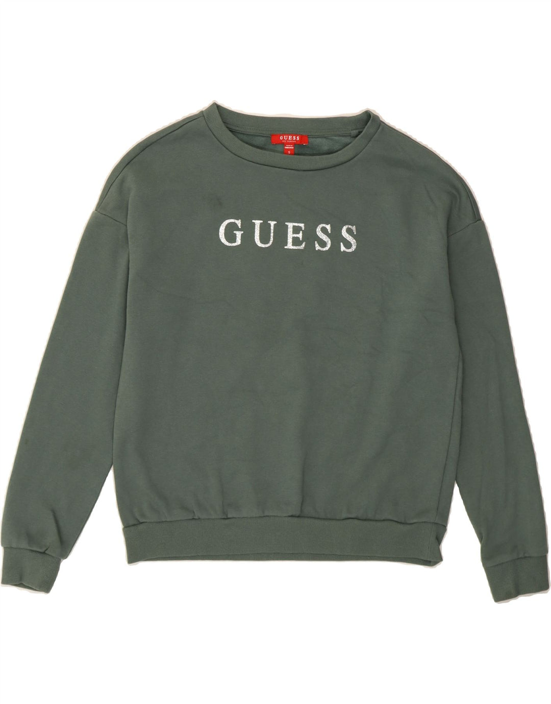 GUESS Womens Graphic Oversized Sweatshirt Jumper UK 10 Small Green Cotton Vintage Guess and Second-Hand Guess from Messina Hembry 