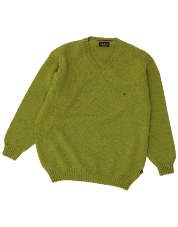 Guess Męski sweter z dekoltem w kształcie litery V, duży, zielony, wełniany